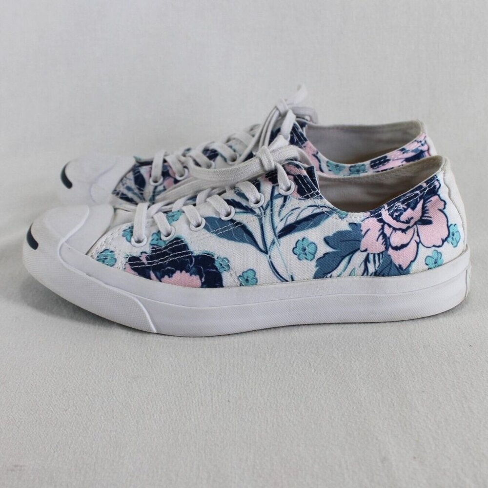 Converse Jack Purcell Womens Sz 7 White Blue Pink Floral Low Top Canvas Sneaker - Picture 2 of 10